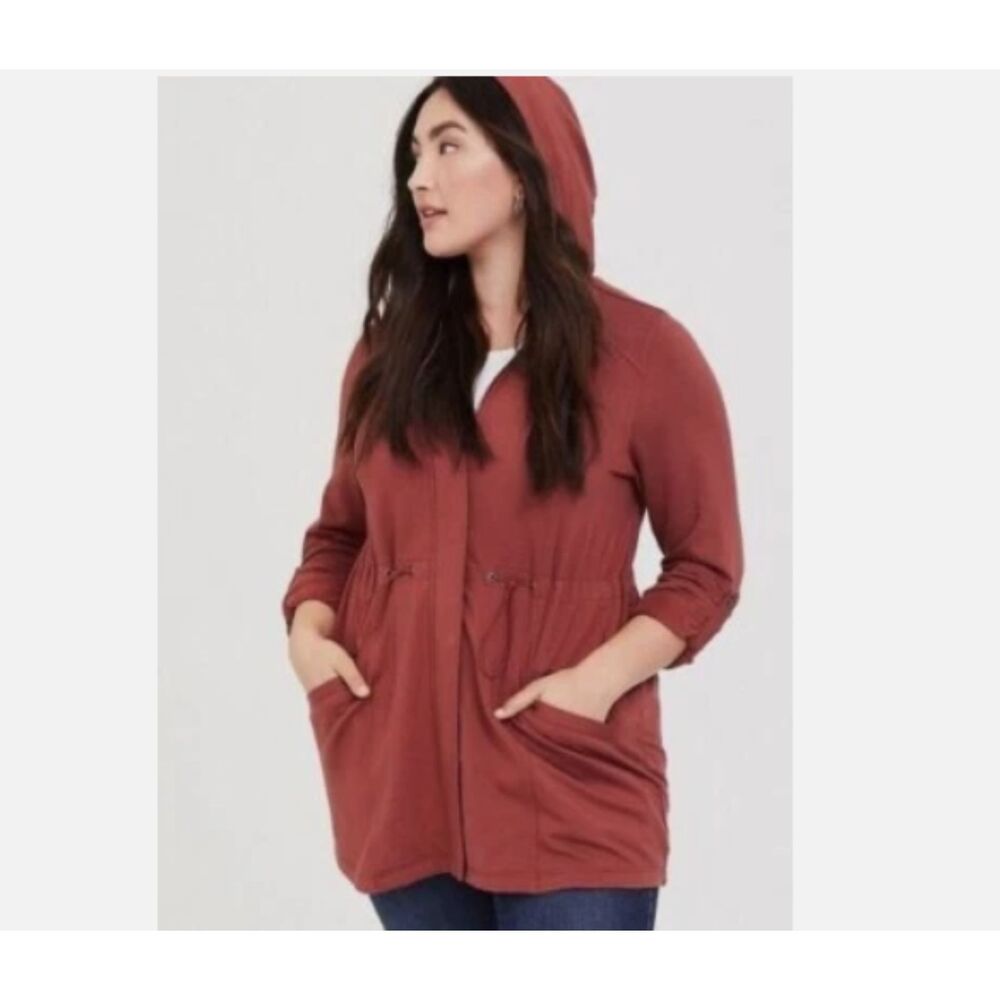 Torrid Size 4 (4XL) Brick Red Soft Knit Hooded Anorak Jacket Roll Tab Sleeves